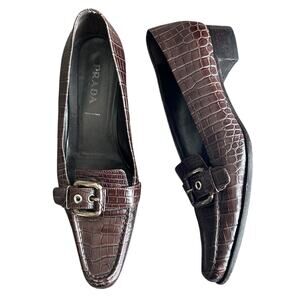 Prada Women’s Vintage Point Toe Chocolate Brown Leather Buckle Loafer Heels 38.5